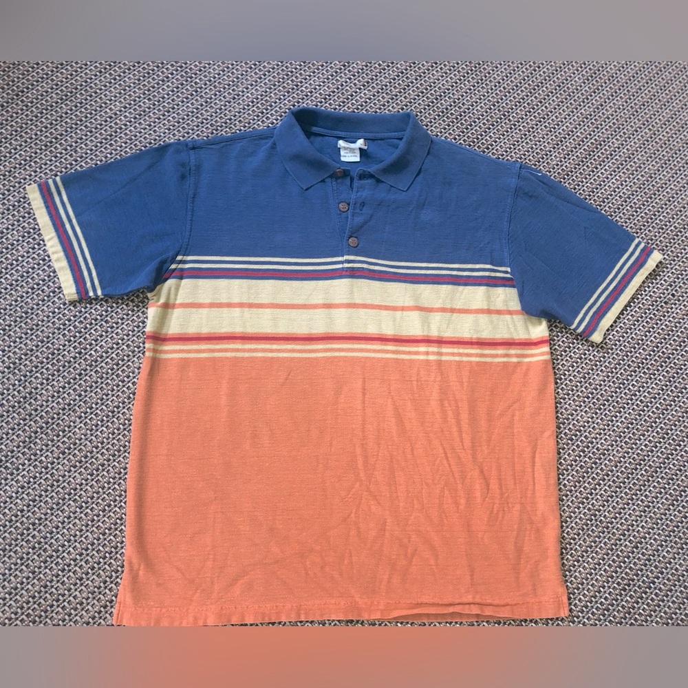 VINTAGE The Territory Ahead Striped Short Sleeve Collared Polo - Blue/Orange 90s